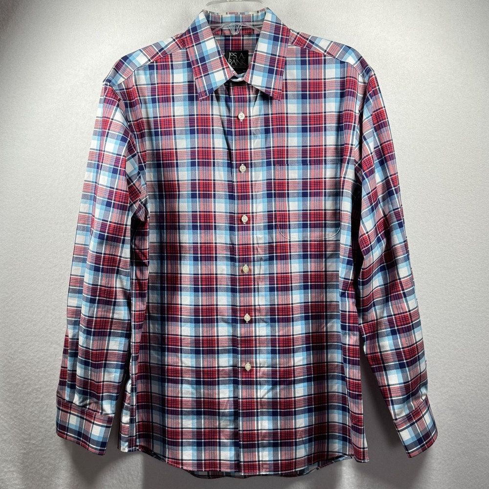 Jos A Bank Shirt Mens Medium Blue Red Plaid Travelers Collection Button Front - Picture 5 of 14